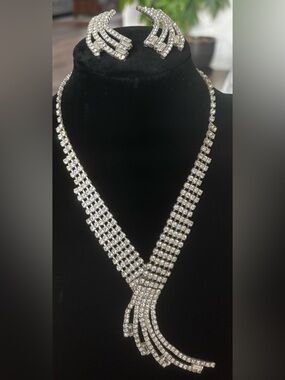 Vintage 1980s Rhinestone Waterfall Statement Necklace & Earrings Set